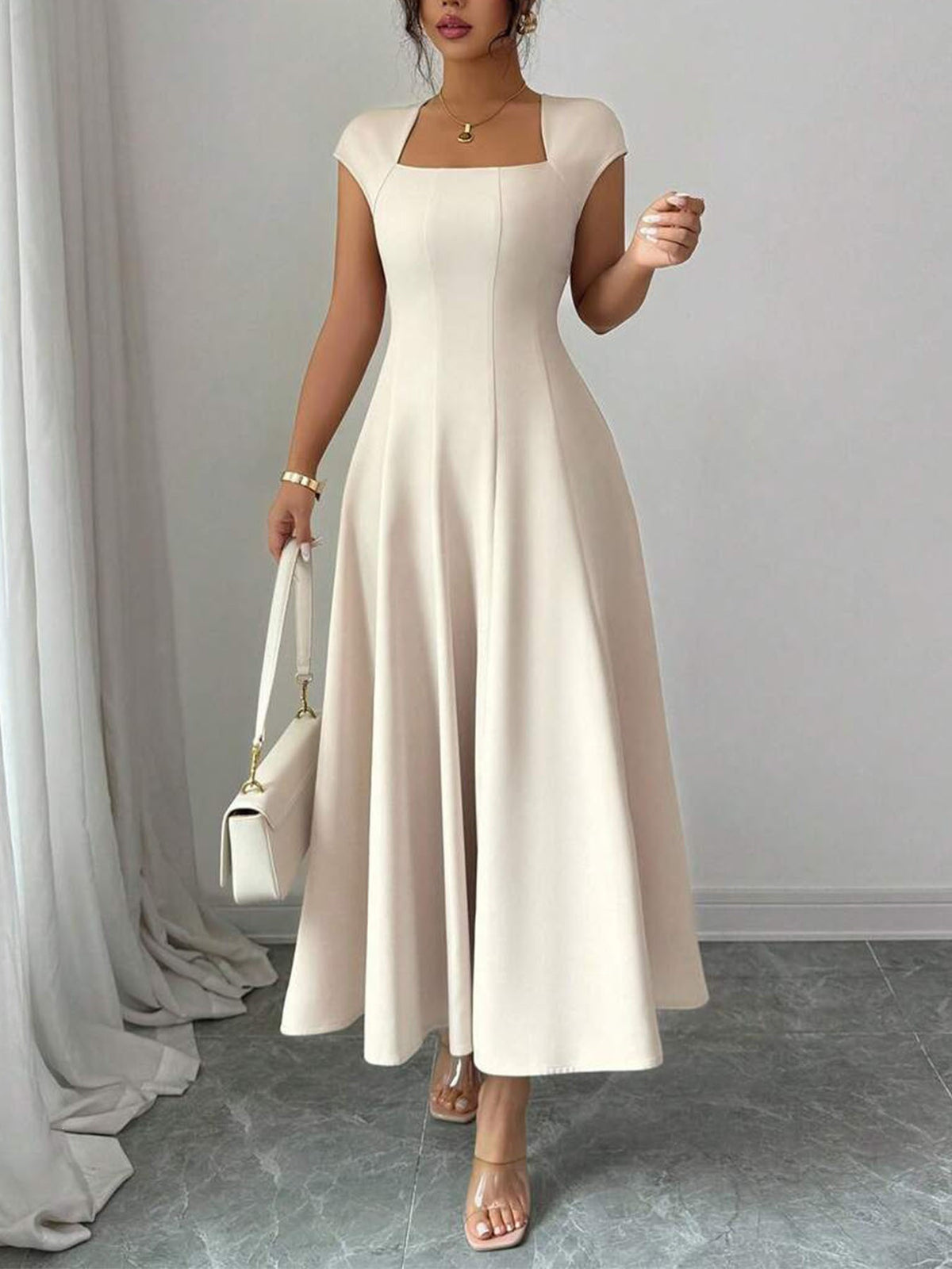 Elegant Long Dress With A Square Neckline And Short Sleeves - KaleaBoutique.com