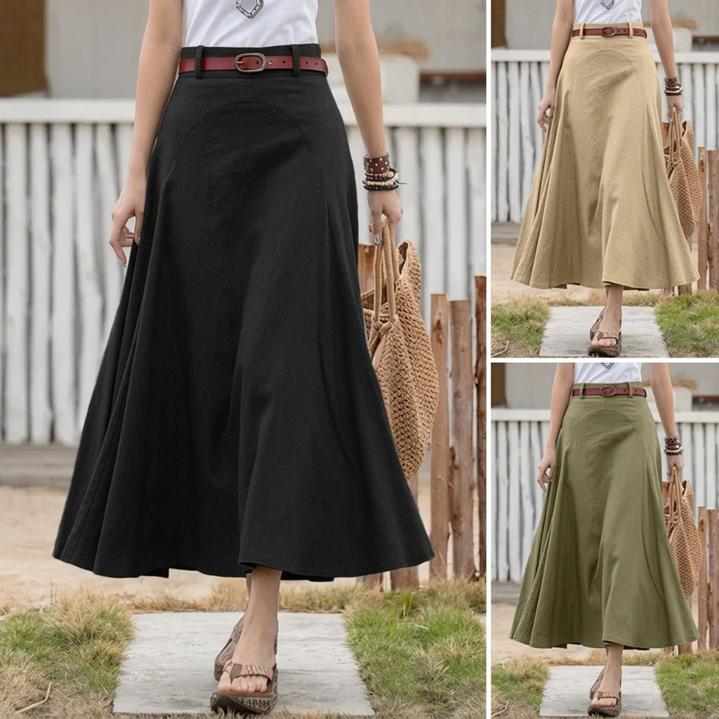 Women's High-Waist A-Line Zip-Closure Flared Midi Skirt