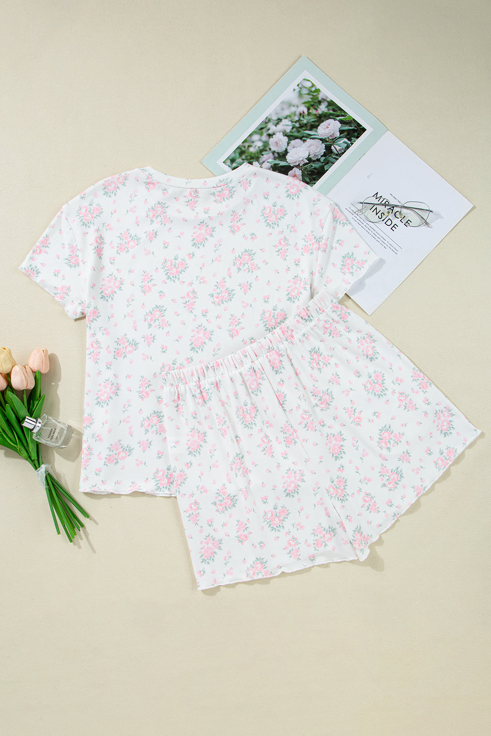 KaleaBoutique Stylish Floral Lettuce Trim Tee and Shorts Ribbed Lounge Set - KaleaBoutique.com