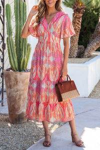KaleaBoutique Comfortable Paisley Print V-Neck Short Sleeve Boho Maxi Dress with Ruffle Details - KaleaBoutique.com