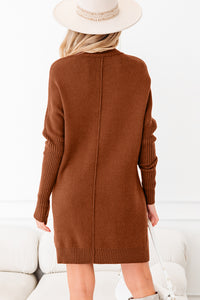 KaleaBoutique Stylish Ribbed High Neck Front Pockets Center Seam Shift Sweater Dress - KaleaBoutique.com