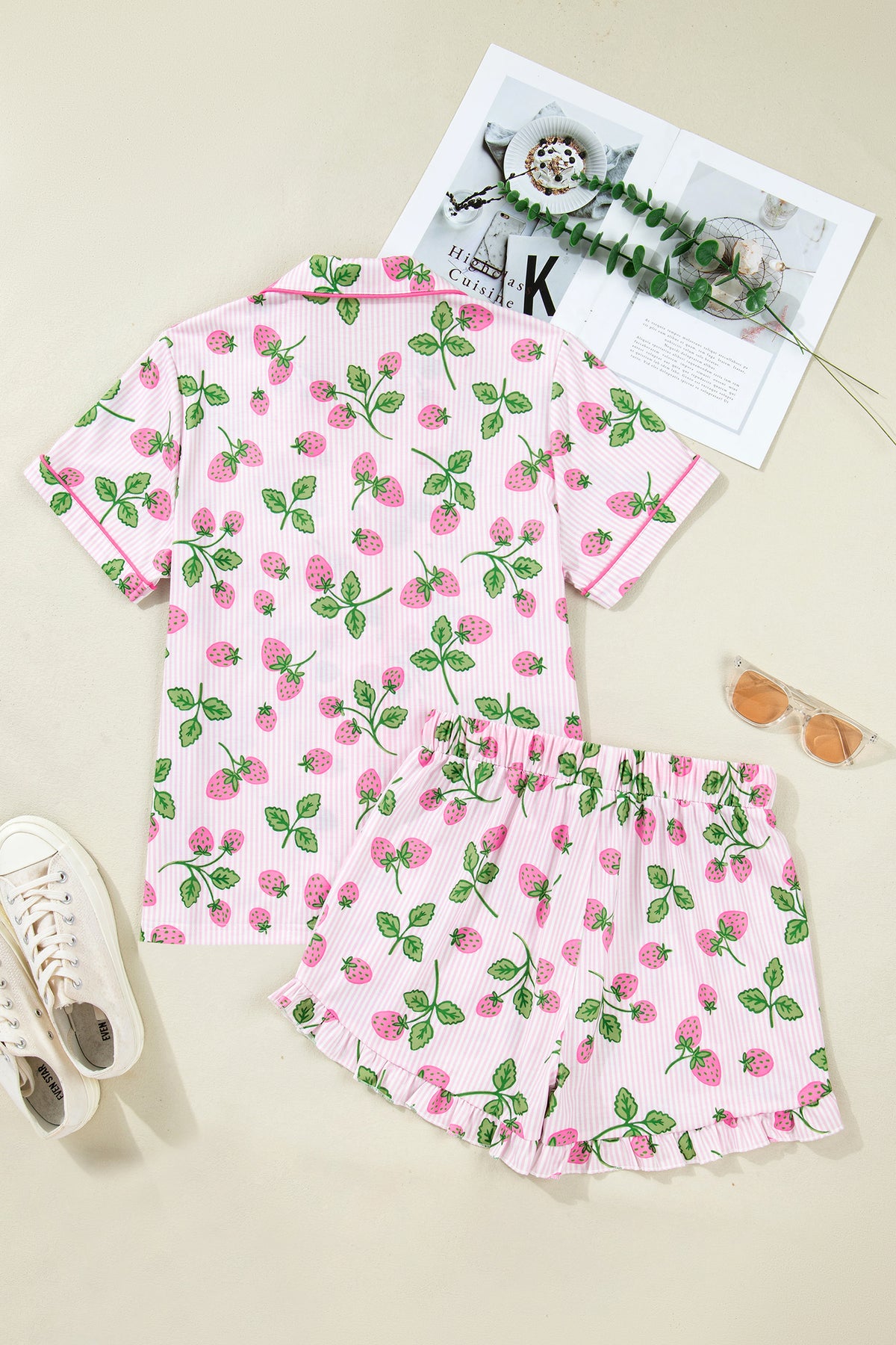 KaleaBoutique Stylish Striped Strawberry Print Lapel Shirt Drawstring Shorts 2pcs Pajama Set - KaleaBoutique.com