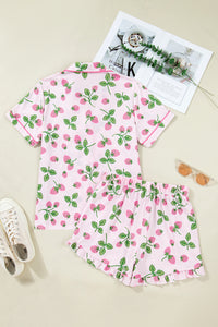 KaleaBoutique Stylish Striped Strawberry Print Lapel Shirt Drawstring Shorts 2pcs Pajama Set - KaleaBoutique.com