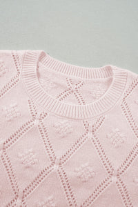 KaleaBoutique Openwork Plaid Puff Sleeve Cropped Sweater - KaleaBoutique.com