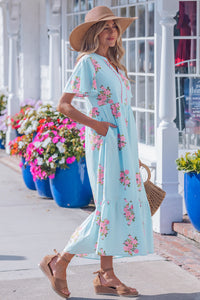 KaleaBoutique Comfortable Notched Neck Flutter Short Sleeve Floral Print Maxi Dress - KaleaBoutique.com