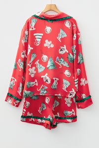 KaleaBoutique Comfortable Christmas Fashion Print Contrast Ruffle Trim Ribbon Bow Knot 2pcs Pajama Set - KaleaBoutique.com
