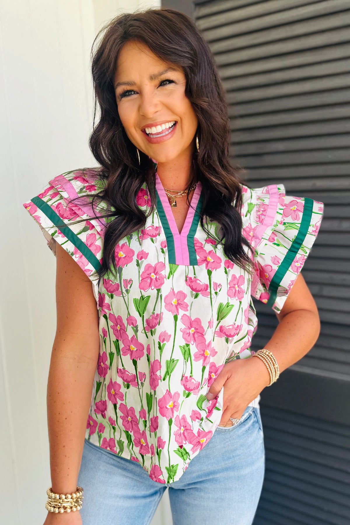 KaleaBoutique Floral Print Contrast Trim V Neck Double Ruffled Short Sleeve Blouse - KaleaBoutique.com