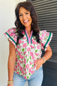 KaleaBoutique Floral Print Contrast Trim V Neck Double Ruffled Short Sleeve Blouse - KaleaBoutique.com