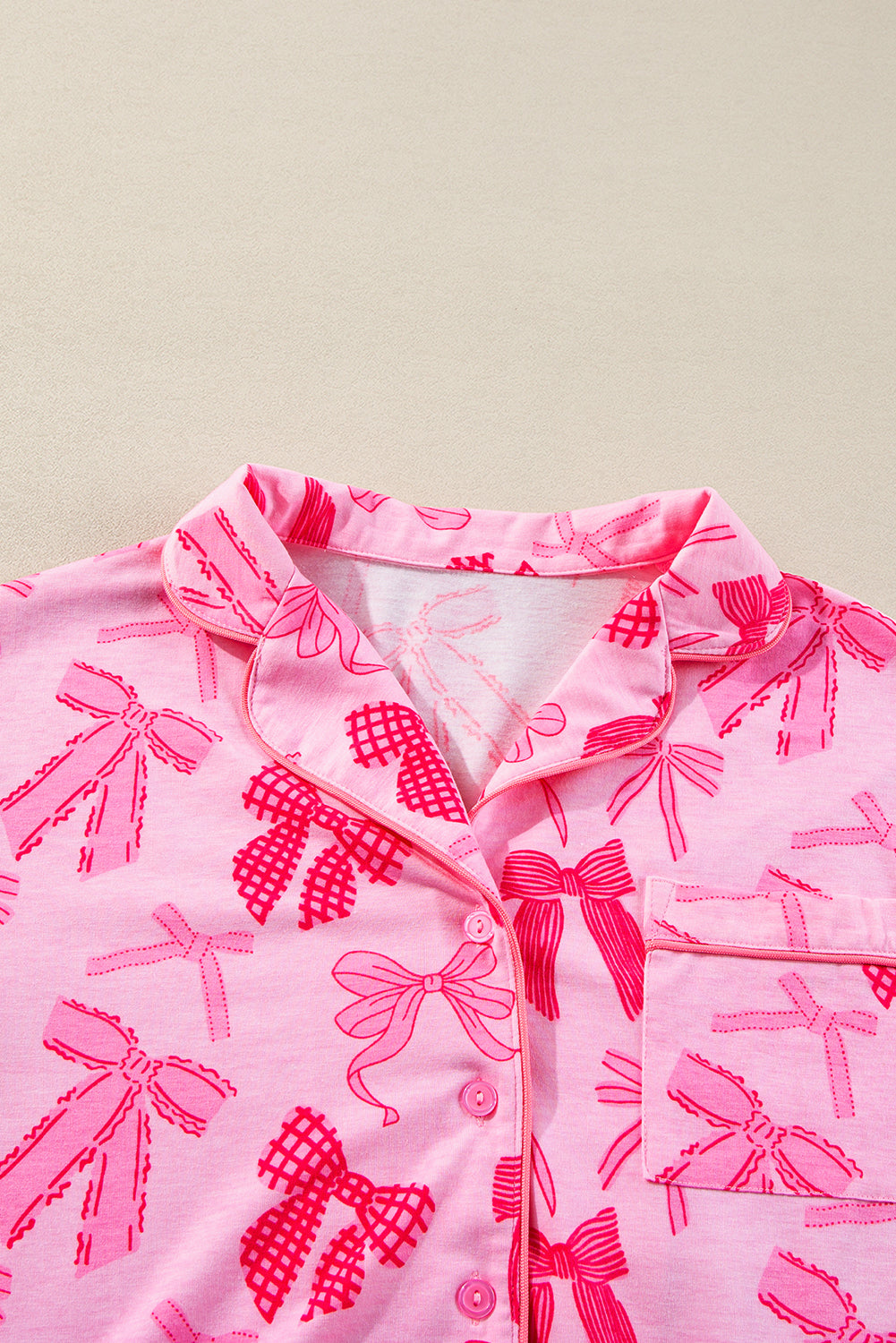 KaleaBoutique Stylish Bow Knot Print Lapel Collar Short Sleeve and Pants Pajamas Set - KaleaBoutique.com
