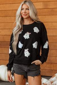 Black Sequin Bow Ghost Halloween Crew Neck Sweatshirt - KaleaBoutique.com