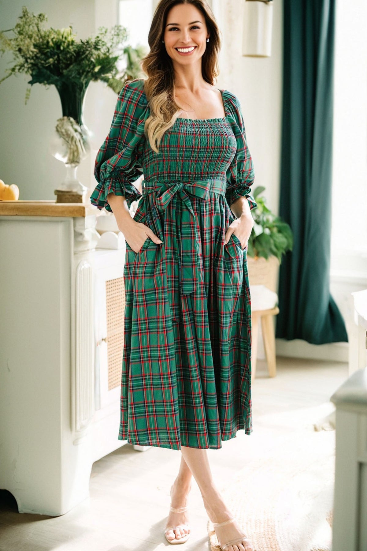 Tartan Plaid Square Neck Puff Sleeve Knot Waist Flared Midi Dress - KaleaBoutique.com