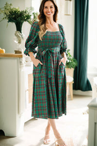 Tartan Plaid Square Neck Puff Sleeve Knot Waist Flared Midi Dress - KaleaBoutique.com