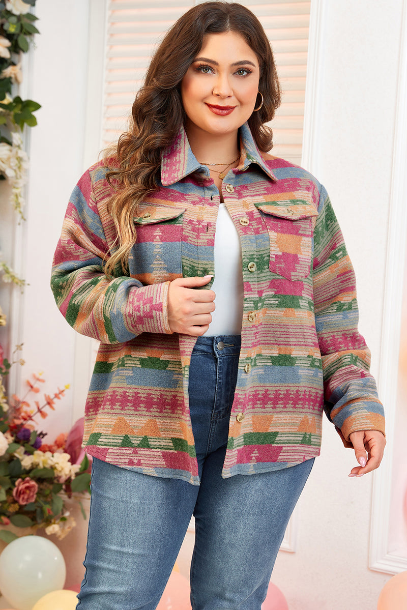 KaleaBoutique Plus Size Aztec Printed Flap Pocket Shacket - KaleaBoutique.com