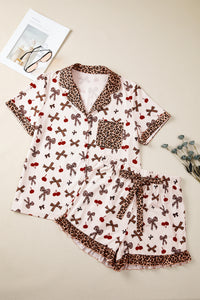 KaleaBoutique Stylish Chic Bow Cherry Printed Leopard Contrast Patchwork Shirt Drawstring Shorts 2pcs PJ Set - KaleaBoutique.com