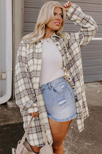 KaleaBoutique White Plaid Print Tunic Plus Size Shacket with Slits - KaleaBoutique.com