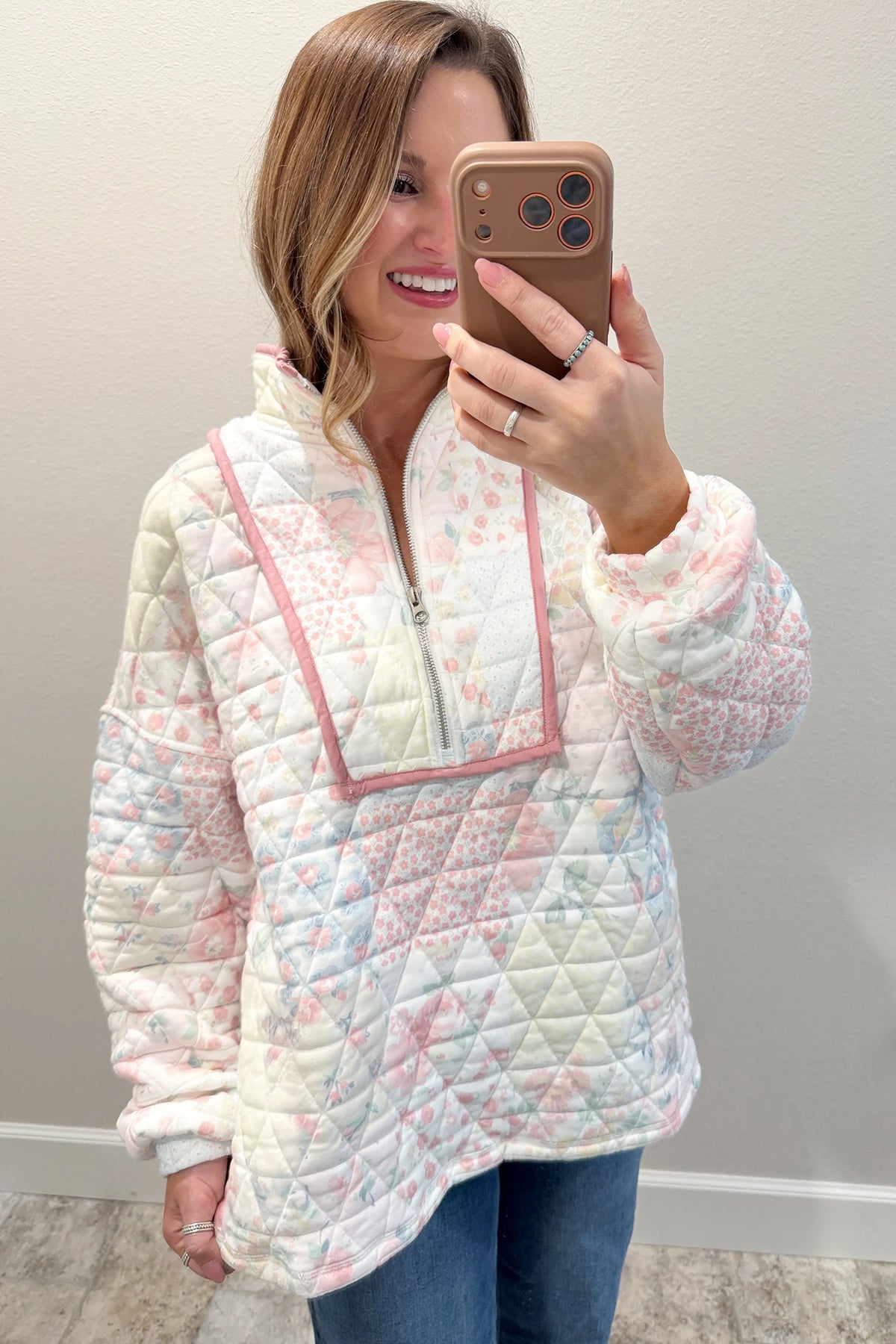 KaleaBoutique Stylish Floral Quilted Metal Zipper Collar Long Sleeve Sweatshirt - KaleaBoutique.com