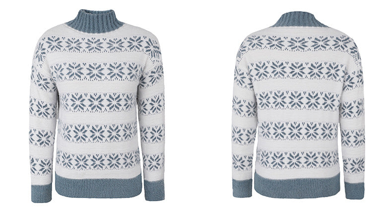 Women's Snowflake Stripe Mock-Neck Christmas Pullover Sweater - KaleaBoutique.com
