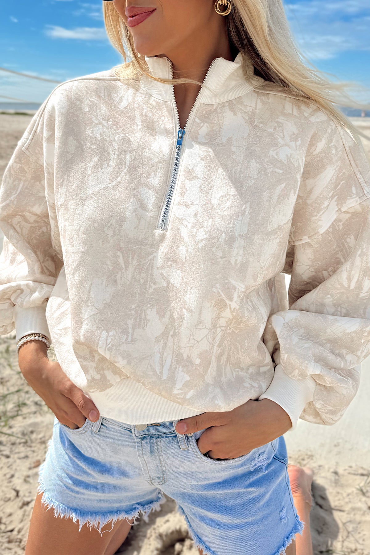 Camouflage Print Quarter-Zip Drop Shoulder Long Sleeve Sweatshirt - KaleaBoutique.com