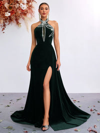 Velvet Halter Neck Beaded Mermaid Evening Gown With High Slit - KaleaBoutique.com