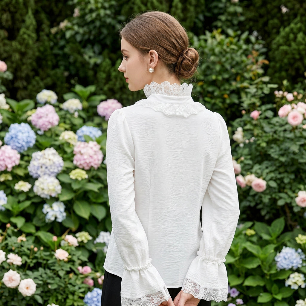 Women's Scalloped Lace-Trim Long-Sleeve Blouse - KaleaBoutique.com