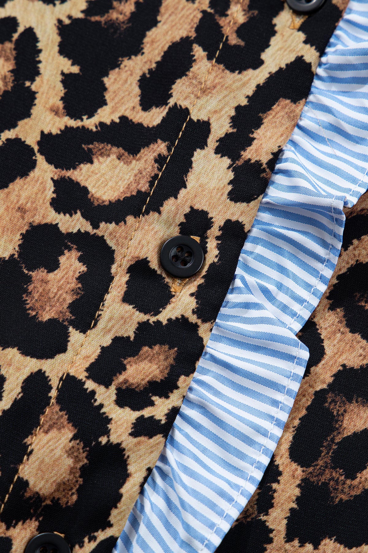 Stylish KaleaBoutique Wild Leopard Print Contrast Striped Frilled Trim Chic Shirt - KaleaBoutique.com