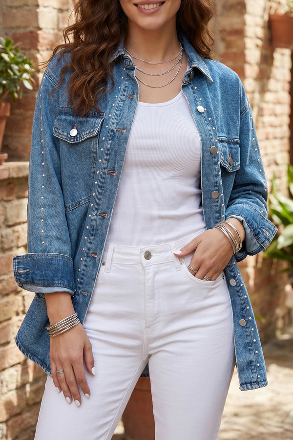 Rivet Embellished Western Style Regular Fit Long Sleeve Denim Jacket - KaleaBoutique.com