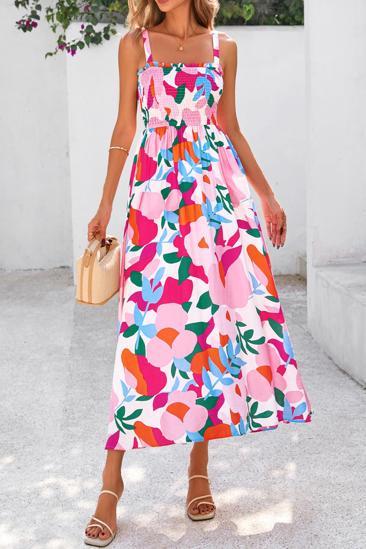 KaleaBoutique Comfortable Floral Print Adjustable Straps Smocked High Waist Sundress - KaleaBoutique.com