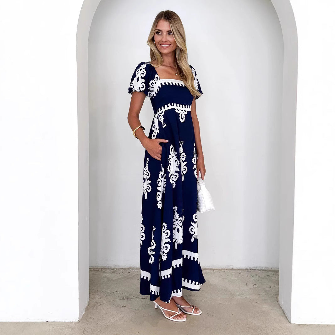 Women's Navy Printed Square-Neck Puff-Sleeve Maxi Dress - KaleaBoutique.com