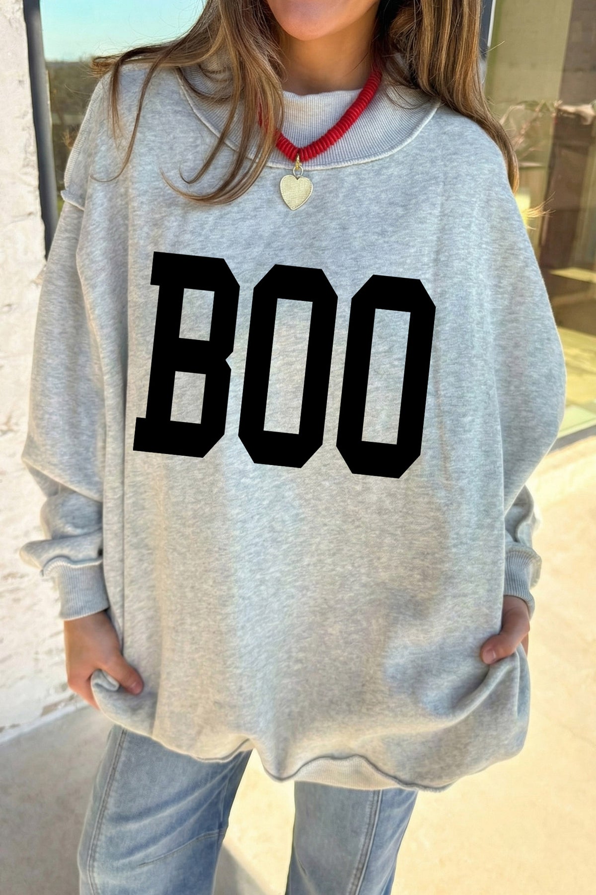 Light Grey BOO Ghost Print Reversible Mock Neck Halloween Sweatshirt - KaleaBoutique.com