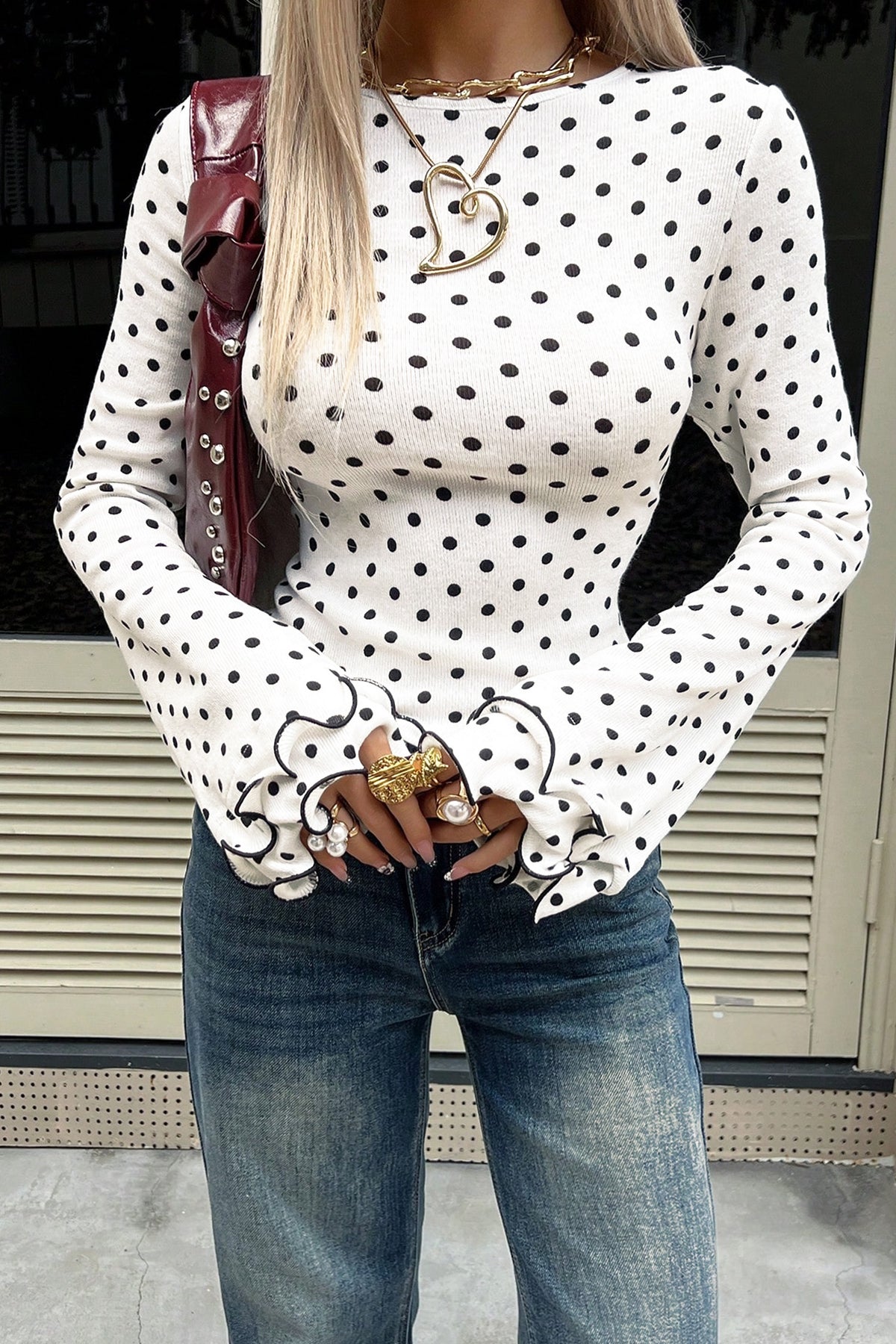 KaleaBoutique Stylish Polka Dot Print Lettuce Trim Long Sleeve Top - KaleaBoutique.com