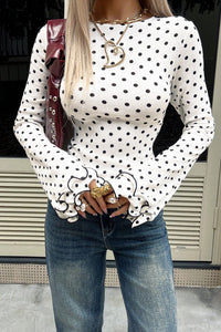KaleaBoutique Stylish Polka Dot Print Lettuce Trim Long Sleeve Top - KaleaBoutique.com