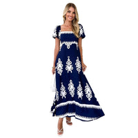 Women's Navy Printed Square-Neck Puff-Sleeve Maxi Dress - KaleaBoutique.com