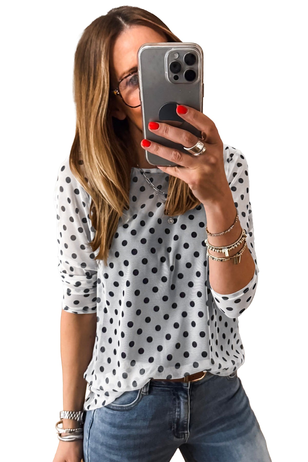 KaleaBoutique Stylish Polka Dot Sheer Mesh Long Sleeve Round Neck Shift Top - KaleaBoutique.com