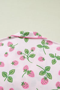 KaleaBoutique Stylish Striped Strawberry Print Lapel Shirt Drawstring Shorts 2pcs Pajama Set - KaleaBoutique.com