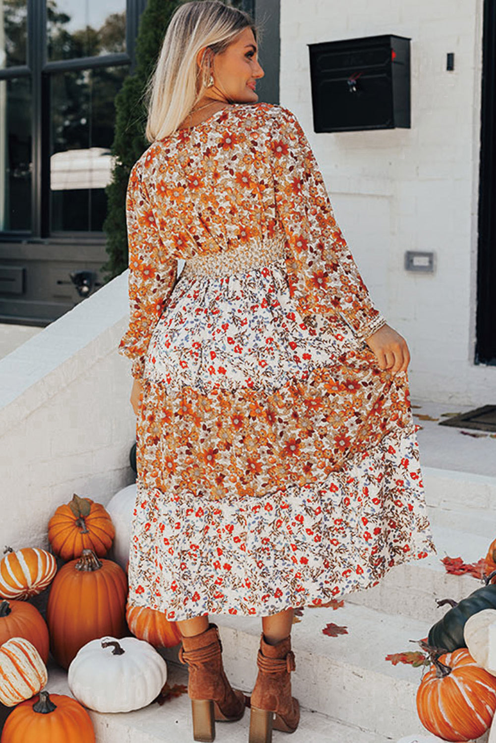 KaleaBoutique Stylish Floral Print Ruffled Tiered Long Sleeve V Neck Midi Dress - KaleaBoutique.com