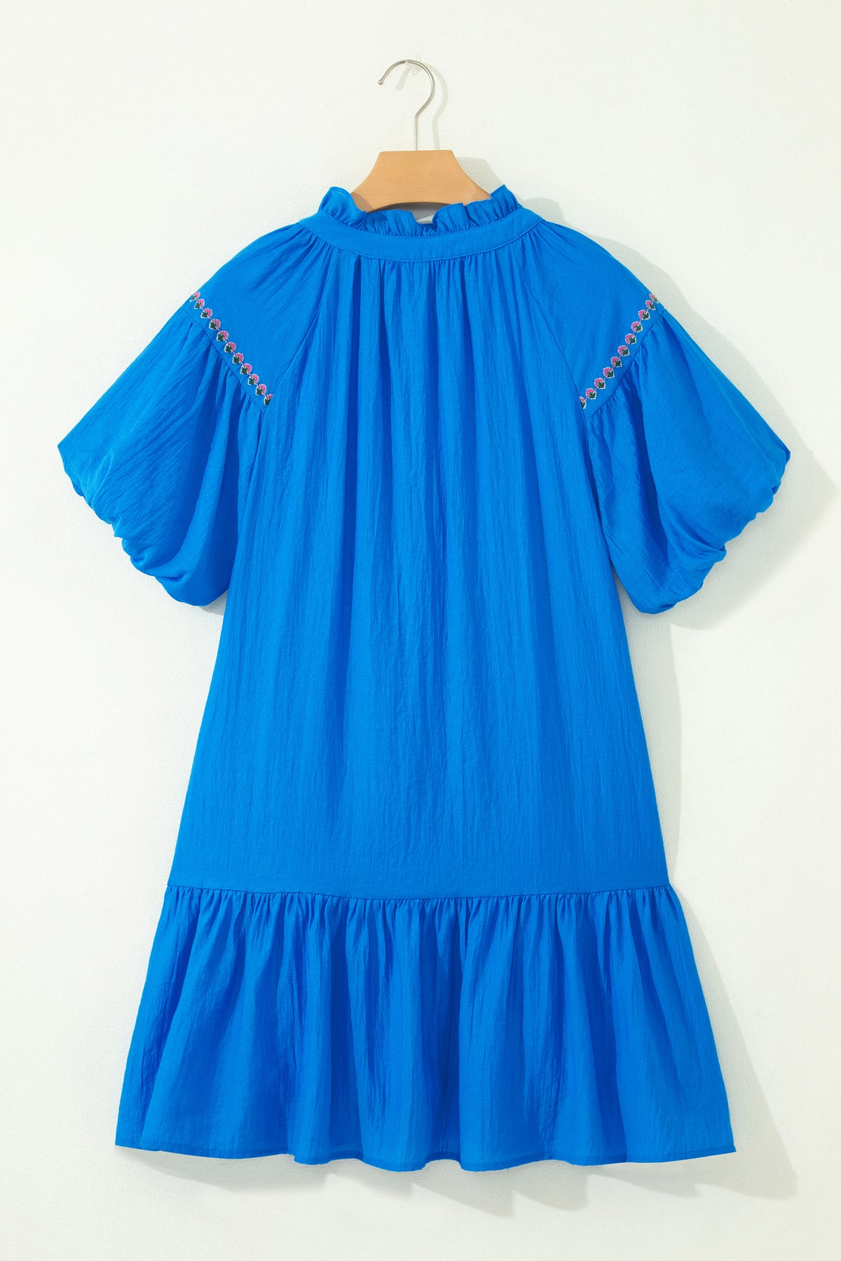KaleaBoutique Stylish Flower Embroidered Split Neck Short Puff Sleeve Ruffle Hem Dress - KaleaBoutique.com