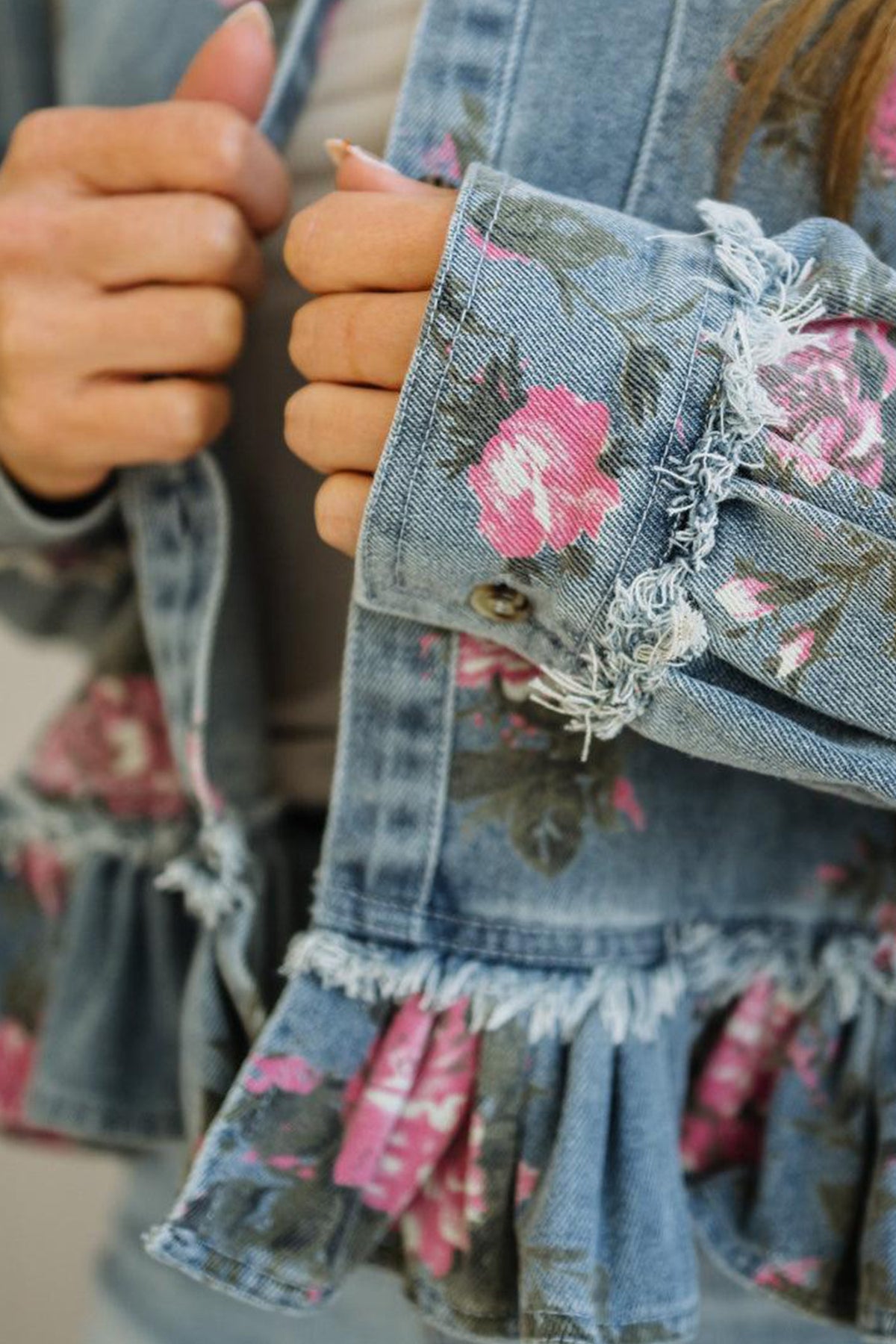 Floral Print Raw Seam Ruffle Hem Denim Jacket - KaleaBoutique.com
