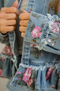 Floral Print Raw Seam Ruffle Hem Denim Jacket - KaleaBoutique.com