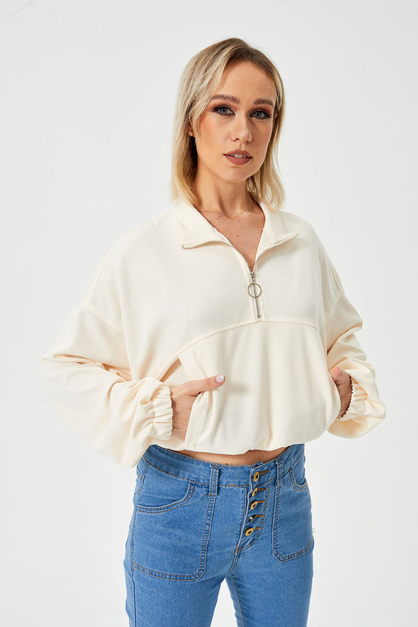 Women's Cropped Half-Zip Loose Fit Pullover Sweatshirt - KaleaBoutique.com