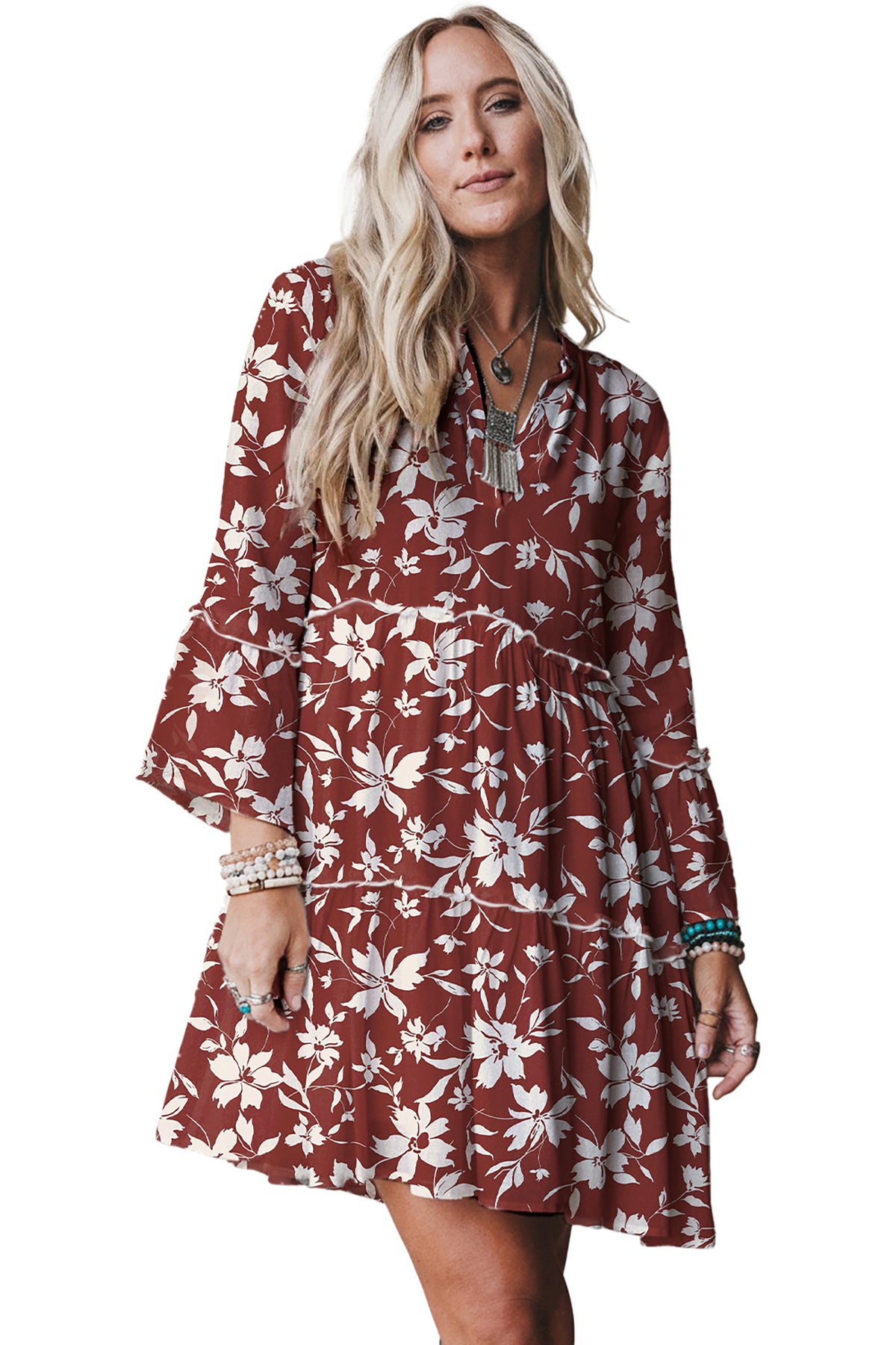 Boho Floral Print Lettuce Trim 3/4 Sleeve Mini Dress - KaleaBoutique.com