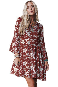 Boho Floral Print Lettuce Trim 3/4 Sleeve Mini Dress - KaleaBoutique.com