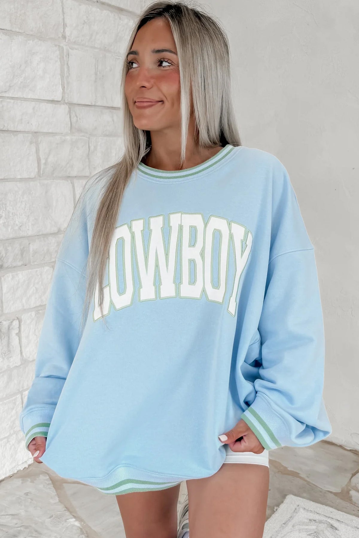 KaleaBoutique Comfortable Embroidered Cowboy Letter Print Long Sleeve Round Neck Sweatshirt - KaleaBoutique.com