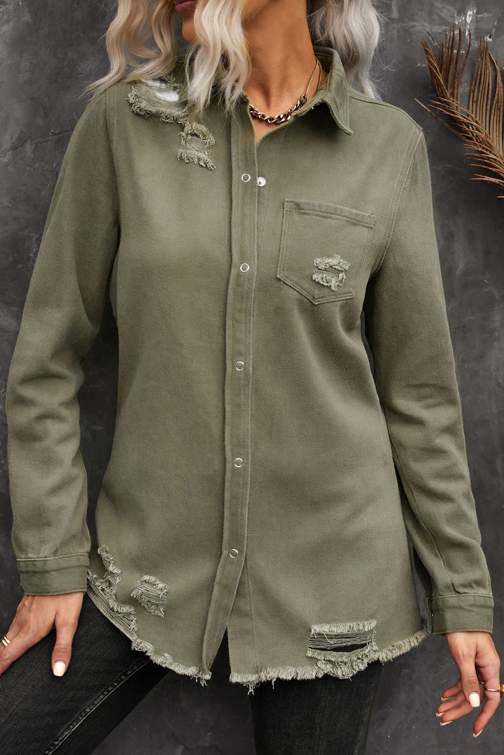 Raw Hem Distressed Denim Shirt Jacket - KaleaBoutique.com