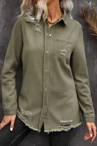 Raw Hem Distressed Denim Shirt Jacket - KaleaBoutique.com