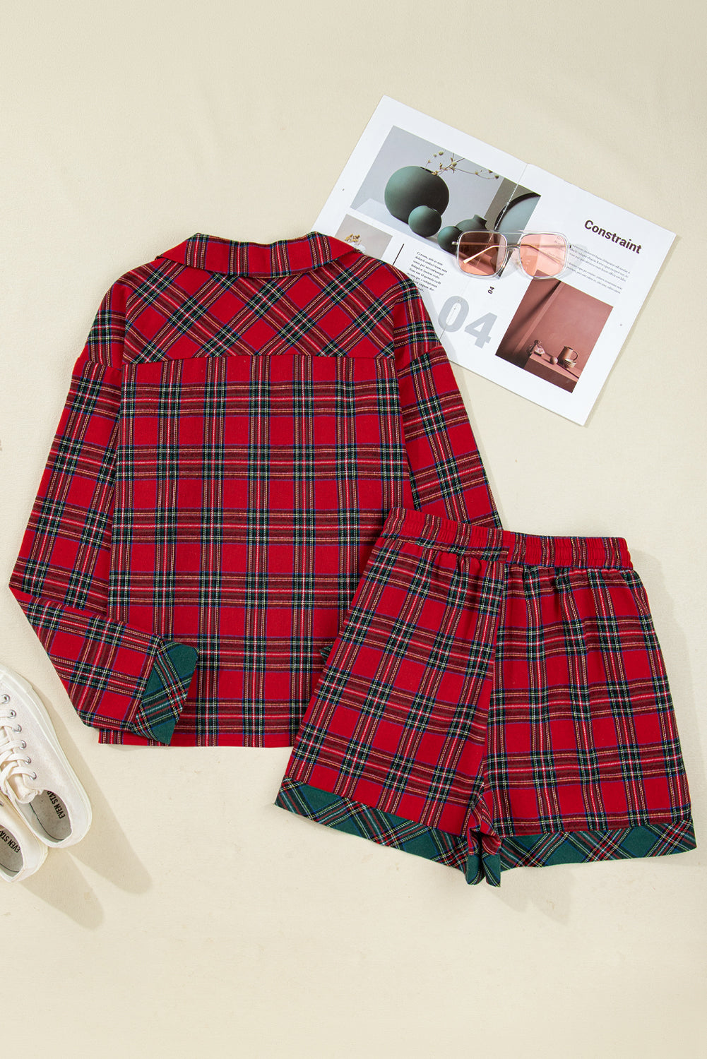 KaleaBoutique Comfortable Dearlovers Plaid Contrast Patched Christmas Holiday Long Sleeve Shirt and Short 2pcs Pajama Set - KaleaBoutique.com
