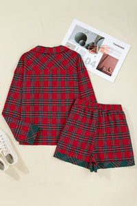 KaleaBoutique Comfortable Dearlovers Plaid Contrast Patched Christmas Holiday Long Sleeve Shirt and Short 2pcs Pajama Set - KaleaBoutique.com