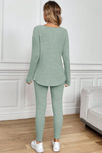 KaleaBoutique Comfortable Ribbed Notched Neck Knit Long Sleeve Leggings Two Pieces Lounge Set - KaleaBoutique.com