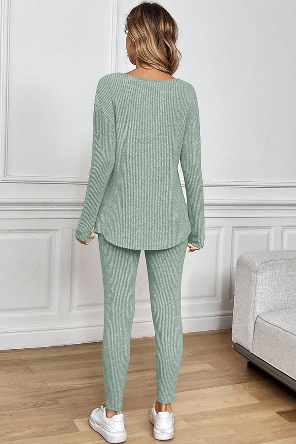 KaleaBoutique Comfortable Ribbed Notched Neck Knit Long Sleeve Leggings Two Pieces Lounge Set - KaleaBoutique.com