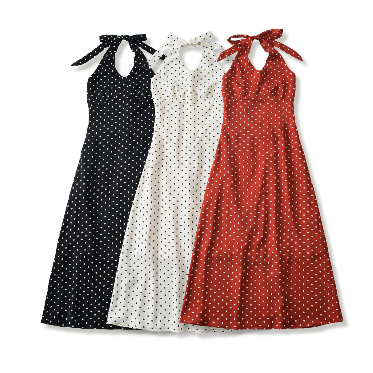 Women's Polka-Dot Tie-Halter Smocked-Back Midi Dress - KaleaBoutique.com