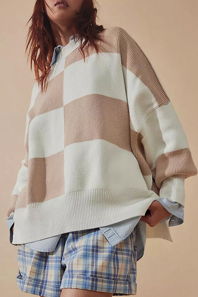 KaleaBoutique Checkered Side Slits Drop Shoulder Oversized Sweater - KaleaBoutique.com